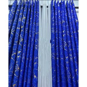 2Pcs Heavy Blackout Blue Patterned Curtain and Eyelet Header (1.5m Each) with White Heavy Sheer with Rod Pocket Header(3m)