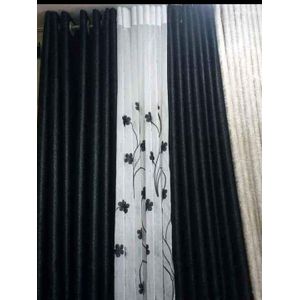 2pcs Black Curtains With 1Pc White Embroidered Sheer For Window (Both Curtains and Sheer Have Eyelet header)