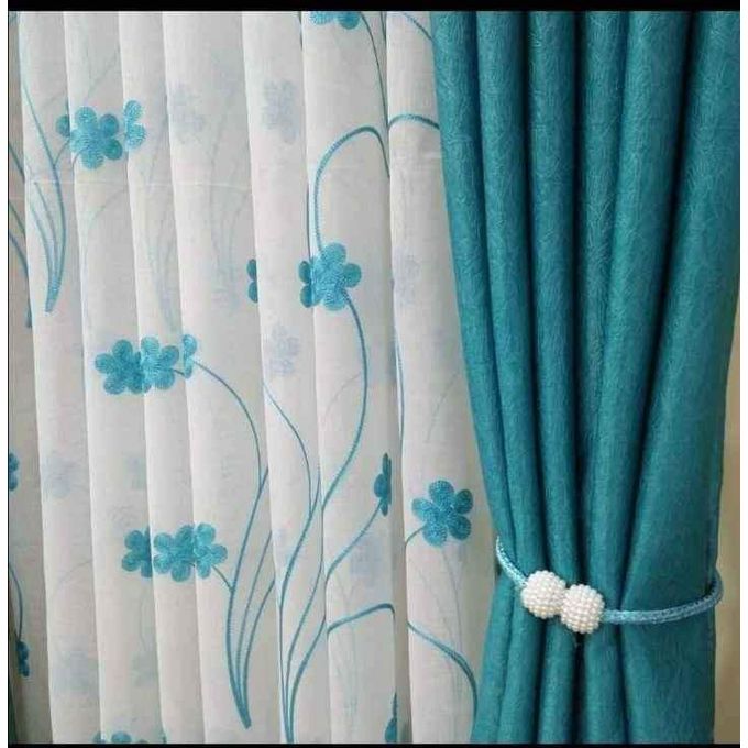 2PCS TURQUOISE BLUE CURTAIN 3M(1.5m each)+ 2M FREE floral SHEER ELEGANT LIVING ROOM