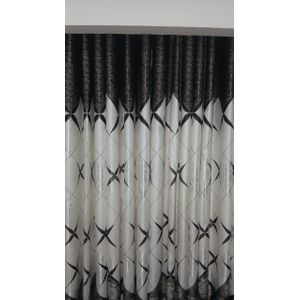 2Pcs Heavy Blackout Patterned Curtain and Eyelet Header (1.5m Each) with White Heavy Matching Embroidered Sheer with Rod Pocket Header(2m)