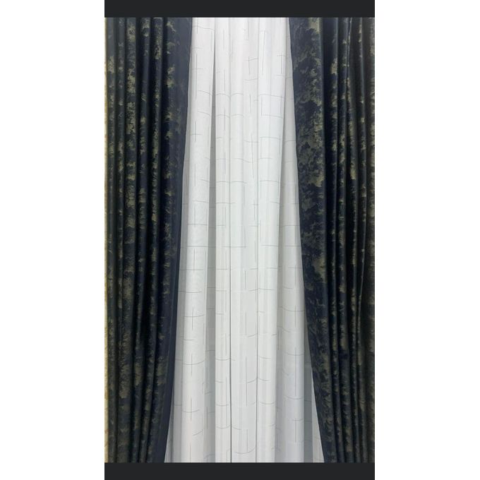 2PCS Modern Window Curtains Black And Gold Patterned Measuring 2M+2M With A 1Pc Sheer 3M. Ideal For Living Room/bedroom/dining Room/study Room/home Office (exclusive Sheer). With White Plastic Eyelets