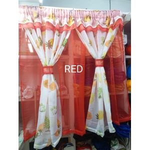 RED 1PCS plain Of New Style Kitchen sheers attached  to 2pc sheer And 1.12M Height) Unique Kitchen 3m Sheers