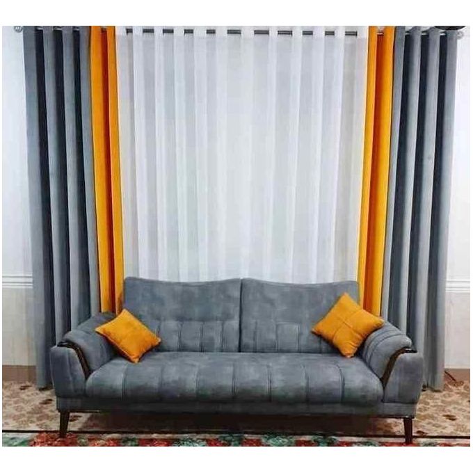 2pcs New Grey curtains (1.5m Each) and 2pc Mustard Yellow curtains (1m Each) with 1pc Heavy White Plain sheer (3m).BotMh curtains and sheer have Eyelet Header for Easy Installation and Premium Look