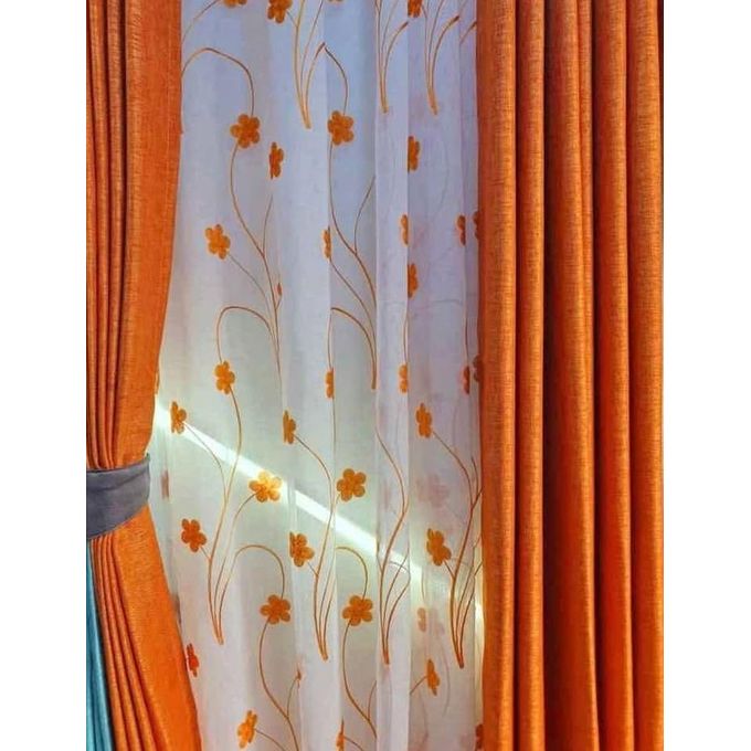 : 2pc  New Fashion Orange Blackout Curtains (2m Each) with 1pc Heavy White Embroidered Sheer (3m). Both Curtains and Sheer have Eyelet Header for Easy Installation and Premium Look.