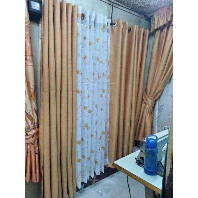 2PCS BEIGE CURTAIN 3M(1.5m each)+ 2M FREE floral SHEER ELEGANT LIVING ROOM