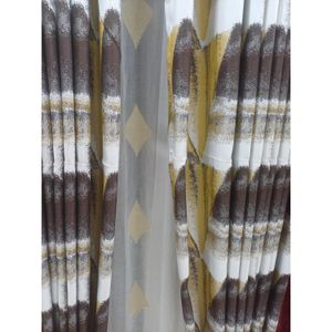 2pcs white heavy curtain with brown and yellow patterns