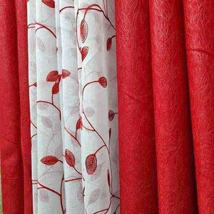 2Pcs Heavy Blackout Patterned Red Curtain and Eyelet Header (1.5M Each) with White Heavy Sheer with Eyelet Header (2M)