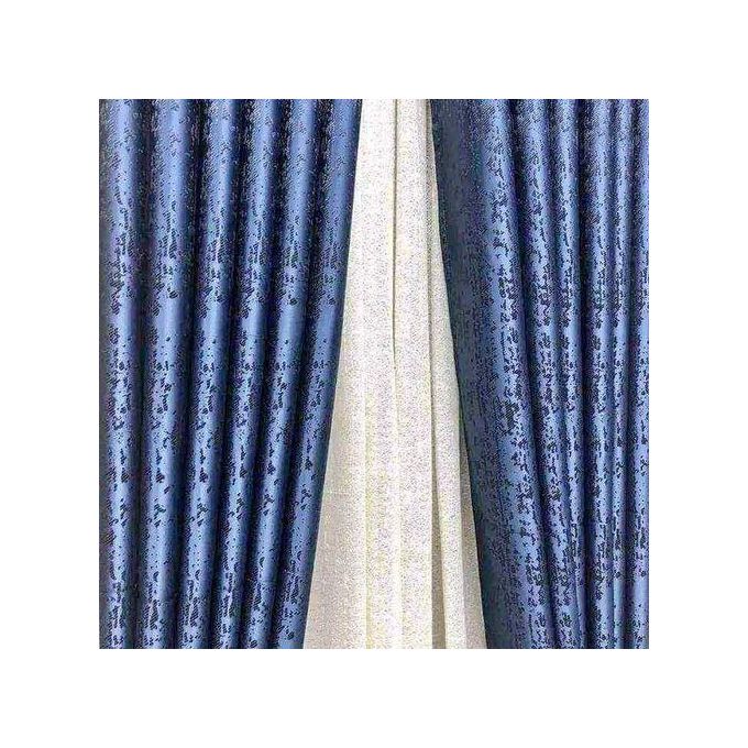 2Pcs Heavy Blackout Blue Patterned Curtain and Eyelet Header (1.5m Each) with White Heavy Sheer with Rod Pocket Header(2m)