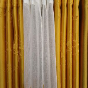 2Pcs Heavy Blackout Mustard Yellow Curtain Patterns and Eyelet Header (1.5M Each) with White Heavy Sheer with Rod Pocket Header (2M)