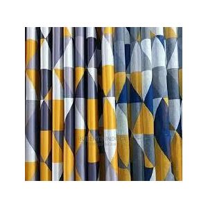 2Pcs Heavy GREY Curtain with BLUE and YELLOW PATTERNS With 1pc FREE White sheer
