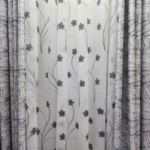 New-Style Strong-Fabric Grey Curtains (2Pc) With a Heavy White Embroidered Sheer (1Pc). Both Curtains and Sheer are Custom-Made and Have an Eyelet Header