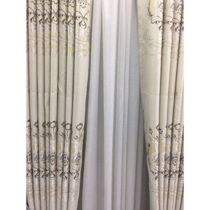 2Pcs Cream with Gold pattern Blackout Floral Curtain with eyelet header and Sheer
