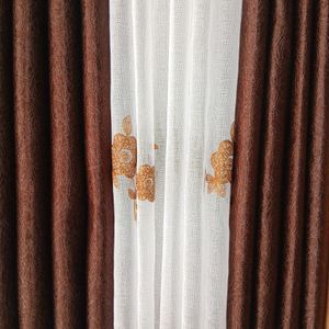 2Pcs Heavy Blackout Brown Patterned Curtain and Eyelet Header (1.5m Each) with White Heavy Matching Embroidered Sheer with Rod Pocket Header(2m)