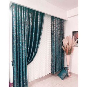 GREEN  blackout VELVET curtain comes in panels of 2pcs  CURTAIN 3M(1.5M+1.5M) and 2m sheer,Both curtain and sheer have eyelet header design and they are long enough to cover your window,with  the height of 225cm.