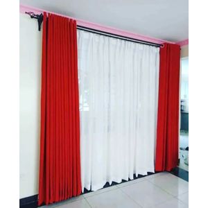 Red Curtain And White Sheer For Window And Door