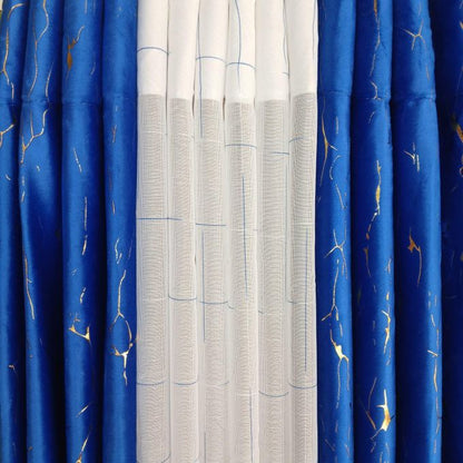 2pcs Heavy Blackout Royal Blue Curtain Patterns and Eyelet Header (1.5m Each) With White Heavy Sheer with Rod Pocket Header (2M).