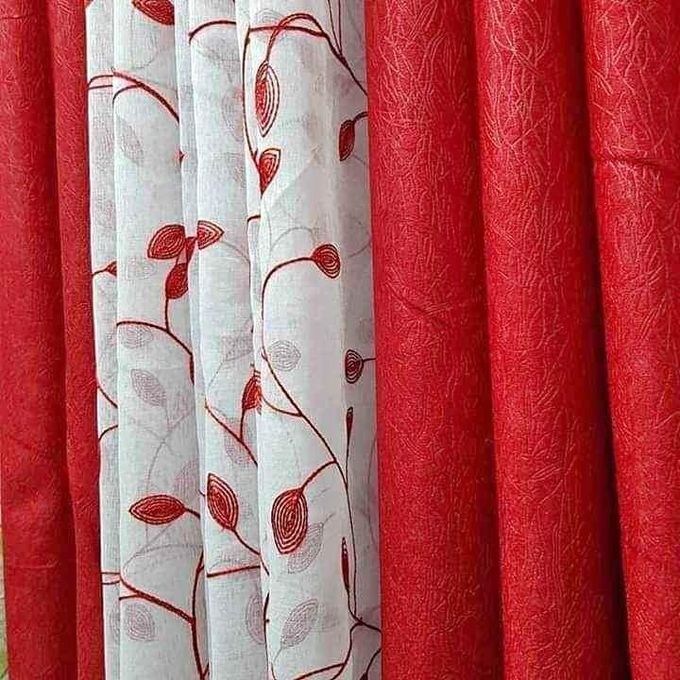 2Pcs Heavy Blackout Plain Red Patterned Curtain and Eyelet Header (1.5M Each) with White Heavy Sheer with Eyelet Header (3M)