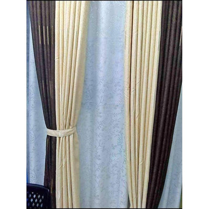2PC Heavy Brown Curtain (1.5m+1.5m) and 2pc Heavy Cream curtains (1.5m+1.5m) with 1pc White Heavy Embroidered sheer (5m). Both curtains and sheer have Eyelet Header For Easy Installation and Premium Look