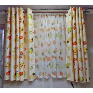 2Pcs New Arrival Kitchen Curtains with Eyelet Header (1.5m+1.5m) and one floral Kitcjen Seer with Rod Pocket Header (2m). Height for all  Panels is 1.2m
