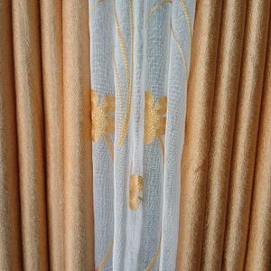 2Pcs Heavy Blackout Gold Patterned Curtain and Eyelet Header (1.5M Each) with Matching Embroidered White Heavy Sheer with Rod Pocket Header (2M)