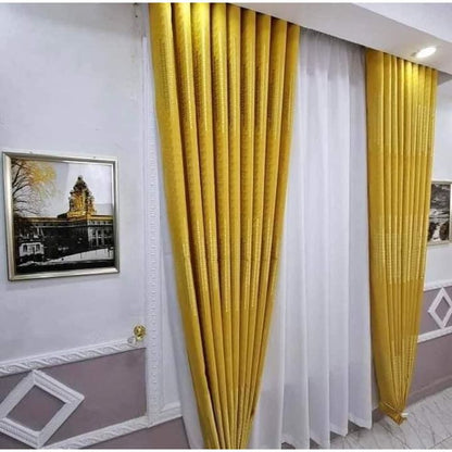 2Pcs Heavy Blackout Patterned Mustard Yellow Curtain and Eyelet Header (2m Each) with White Heavy Sheer with Eyelet Header(3m)