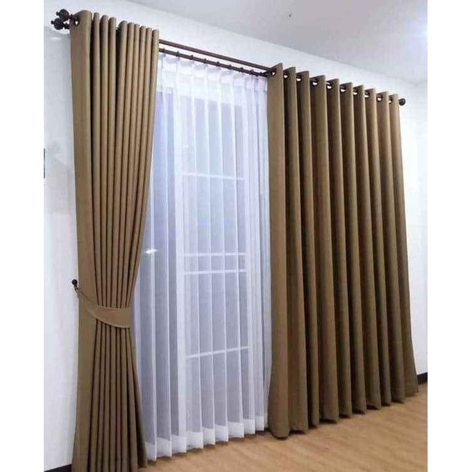 2pc Heavy Beige curtain (3m Each) with 1pc Heavy plain White sheer (5m). Both curtains and sheer have Eyelet header for Easy Installation and Premium Look