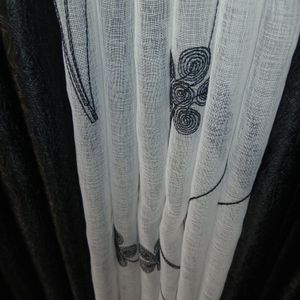 2Pcs Heavy Blackout Black Patterned Curtain and Eyelet Header (1.5M Each) with Matching Embroidered White Heavy Sheer with Rod Pocket Header (2M)