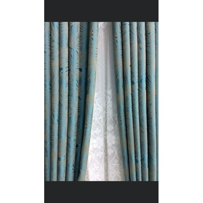 2PCS Modern Window Curtains Turquoise Green Patterned Measuring 2M+2M With A 1Pc Sheer 3M. Ideal For Living Room/bedroom/dining Room/study Room/home Office (exclusive Sheer). With White Plastic Eyelets