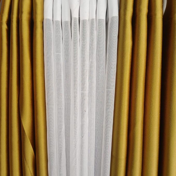 Two Pcs Heavy Blackout Mustard Yellow Curtain Patterns and Eyelet Header (1.5m Each) with White Heavy Sheer with Rod Pocket Header(2m).