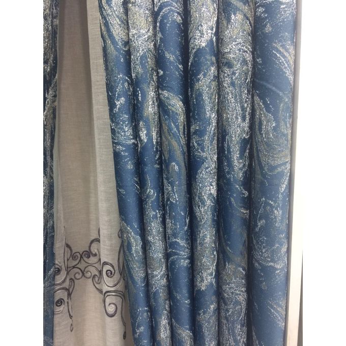 2Pcs Blue Backout Floral Curtain with eyelet header (2m each) with 1Pc white Sheer with rod pocket header (3m)