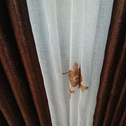 2Pcs Heavy Blackout Brown Patterned Curtain and Eyelet Header (1.5m Each) with White Heavy Matching Embroidered Sheer with Rod Pocket Header(2m)