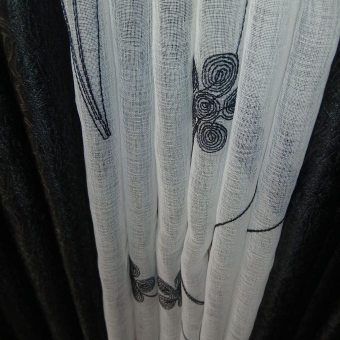 2Pcs Heavy Blackout Black Curtain and Eyelet Header (1.5m Each) with Matching Embroidered White Heavy Sheer with Rod Pocket Header(2m)