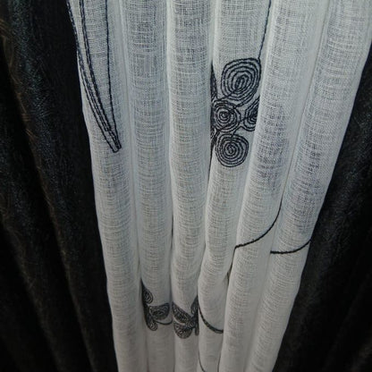 2Pcs Heavy Blackout Black Curtain and Eyelet Header (1.5m Each) with Matching Embroidered White Heavy Sheer with Rod Pocket Header(2m)