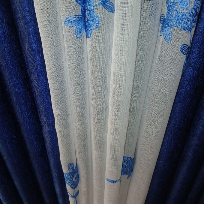 2pcs Heavy Blackout Navy Blue Curtain Patterns and Eyelet Header (1.5m Each) With White Heavy Sheer with Rod Pocket Header (2M).