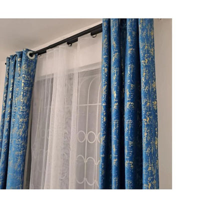 2Pc NEW Blue VELVET Modern Curtains (1.5m+1.5m) with 1pc of Heavy White Sheer (2m), All Panels have an Eyelet Header and a Height of 2.4