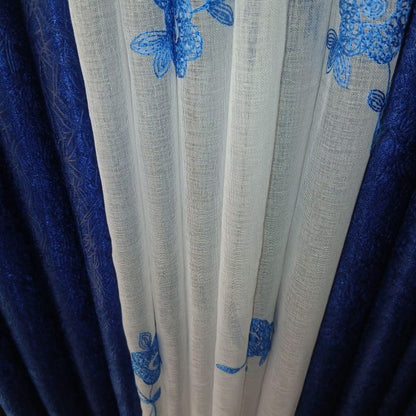 2Pcs Heavy Blackout Navy Blue Patterned Curtain and Eyelet Header (1.5M Each) With White Sheer with Rod Pocket Header (2M).