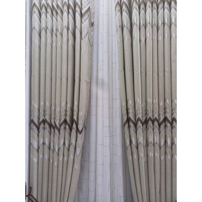 2Pcs Heavy Blackout Patterned Curtain and Eyelet Header (1.5M Each) With White Heavy Sheer with Rod Pocket Header (2M).