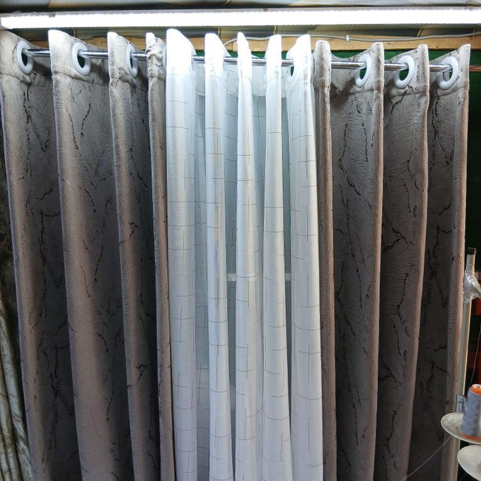 Two Pcs Heavy Blackout Patterned Curtain and Eyelet Header (1.5m Each) with White Heav Sheer with Rod Pocket Header(2m).