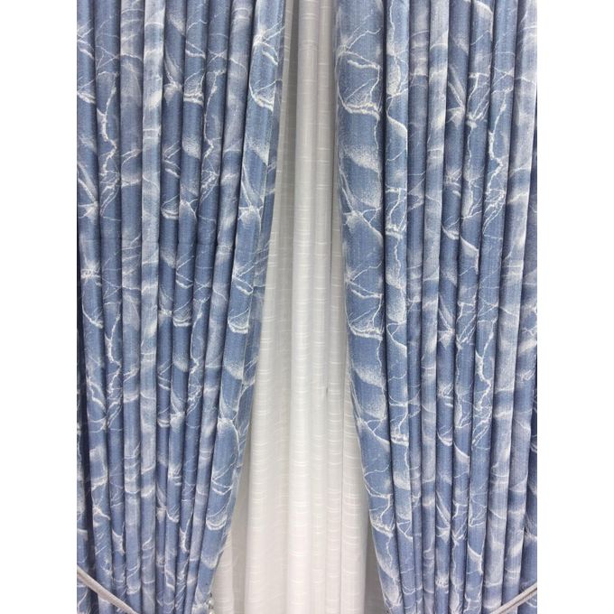 2PCS Modern Window Curtains Blue Patterned Measuring 2M+2M With A 1Pc Sheer 3M. Ideal For Living Room/bedroom/dining Room/study Room/home Office (exclusive Sheer). With White Plastic Eyelets