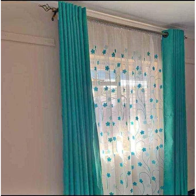 2PCS TURQUOISE BLUE CURTAIN 3M(1.5m each)+ 2M FREE floral SHEER ELEGANT LIVING ROOM