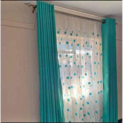2PCS TURQUOISE BLUE CURTAIN 3M(1.5m each)+ 2M FREE floral SHEER ELEGANT LIVING ROOM