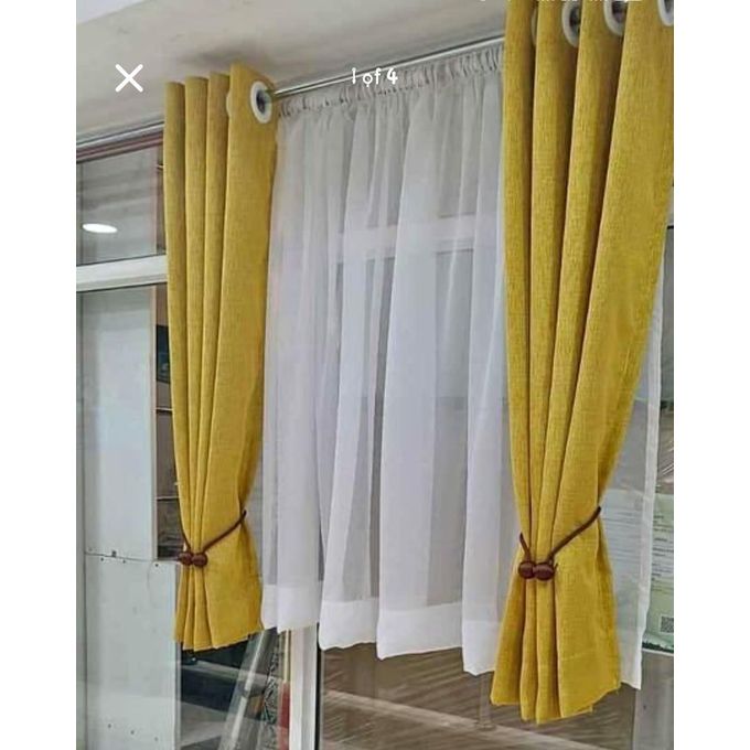3Pcs Mustard Kitchen Curtain (1.5M+1.5M Curtain with 2M Sheer). All panels have height of 112CM