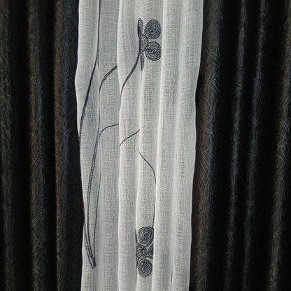 2Pcs Heavy Blackout Black Patterned Curtain and Eyelet Header (1.5m Each) with White Heavy Matching Embroidered Sheer with Rod Pocket Header(2m)