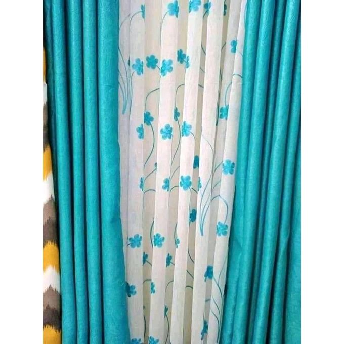 2PCS TURQUOISE BLUE CURTAIN 3M(1.5m each)+ 2M FREE floral SHEER ELEGANT LIVING ROOM