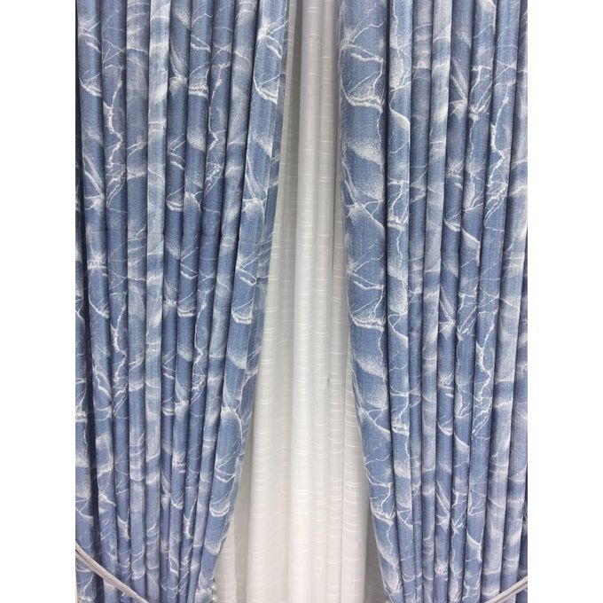 2PCS Modern Window Curtains Blue Patterned Measuring 2M+2M With A 1Pc Sheer 3M. Ideal For Living Room/bedroom/dining Room/study Room/home Office (exclusive Sheer). With White Plastic Eyelets
