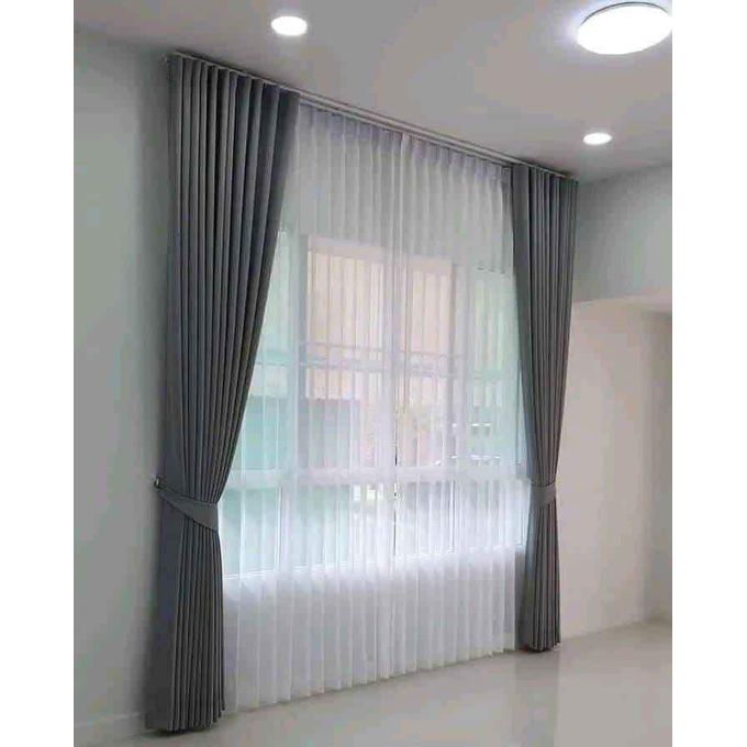 2Pcs Grey Curtains Measuring 3M+3M Plus 5M White Sheer For Home Window: Living Room, Dining Room, Bedroom, Study Room. With White Plastic Eyelets For Mounting With A Curtain Rod