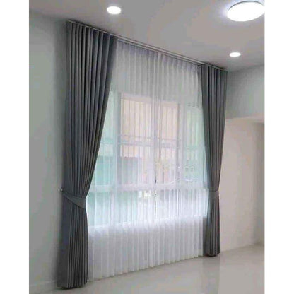 2Pcs Grey Curtains Measuring 3M+3M Plus 5M White Sheer For Home Window: Living Room, Dining Room, Bedroom, Study Room. With White Plastic Eyelets For Mounting With A Curtain Rod