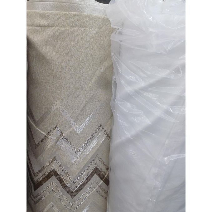 2Pcs Heavy Blackout Patterned Curtain and Eyelet Header (1.5M Each) With White Heavy Sheer with Rod Pocket Header (2M).