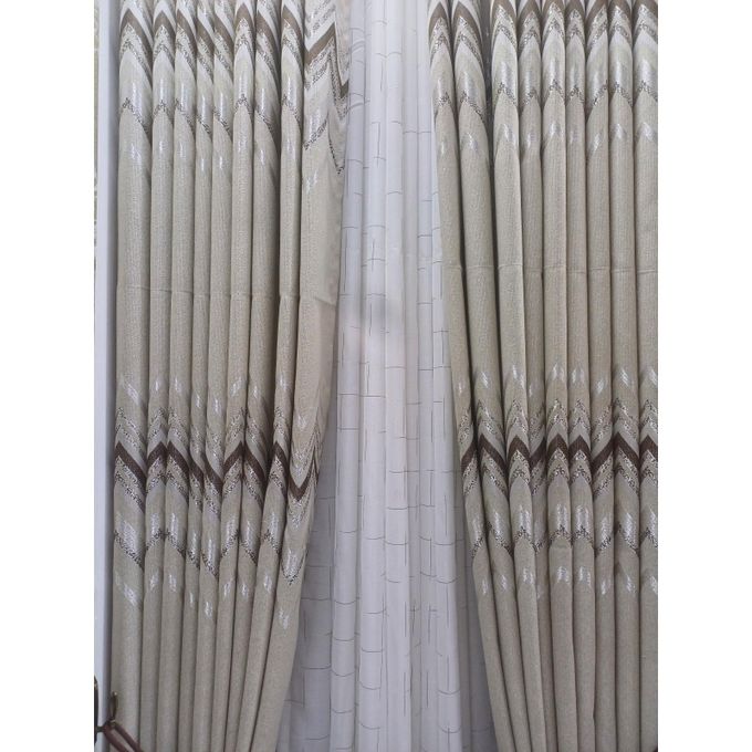 2Pcs Heavy Blackout Patterned Curtain and Eyelet Header (1.5M Each) With White Heavy Sheer with Rod Pocket Header (2M).